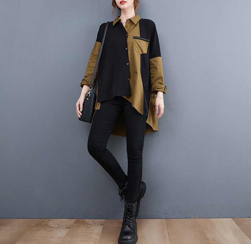 Contrast Color Stitching Mid-Length Loose Casual Long Sleeve Shirt