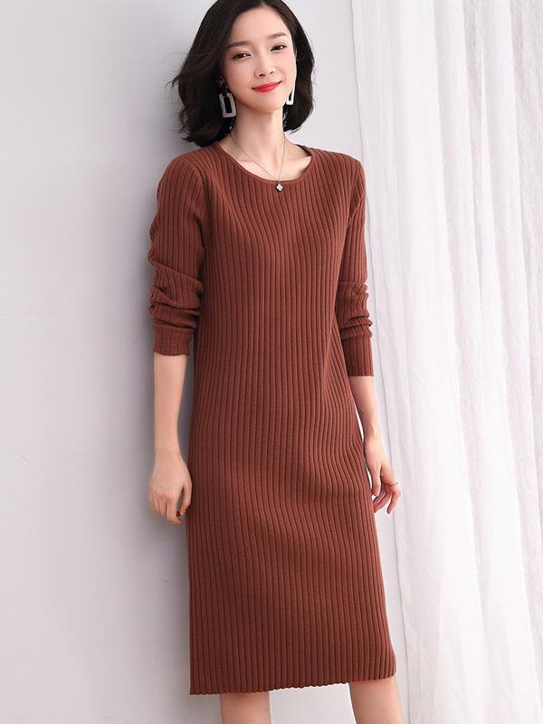 Solid Round Neck Knitting Midi Dress