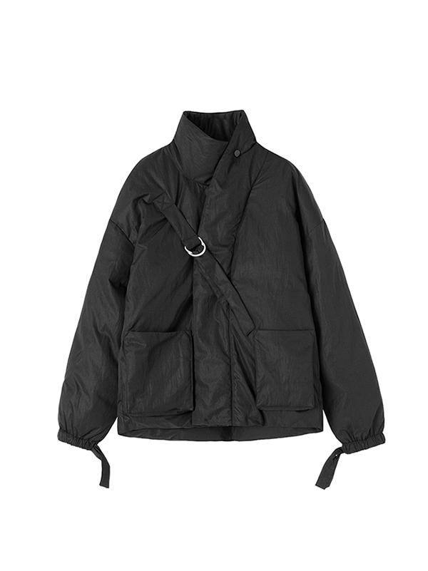 Black Stand Collar Zipper Thickening Coat