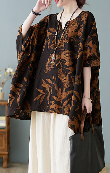 Retro Printed Loose Mid-Length Shirt Top