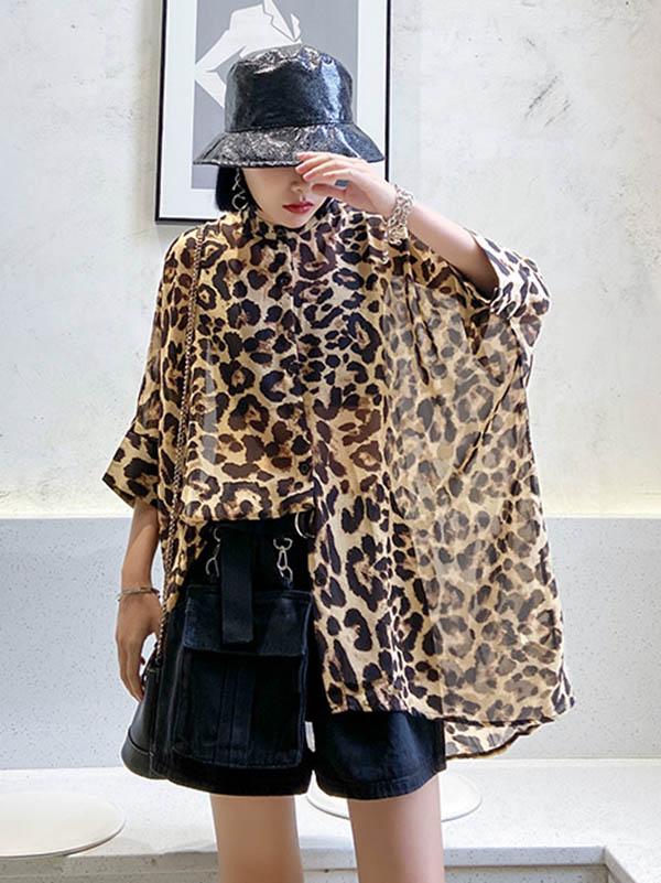 Leopard Print High-Low Roomy Stand Collar Shirt