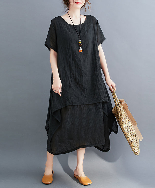Retro Round Neck Solid Color Irregular Casual Dress