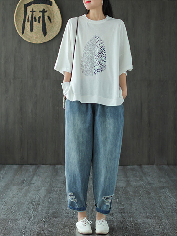 Leaf Printed Summer Half Sleeve Cotton T-Shirt