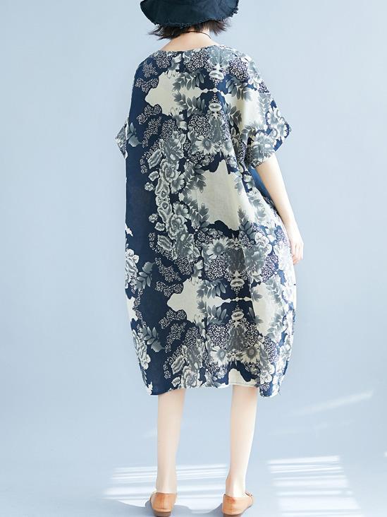 Natinal Flower Printed Linen Midi Dress