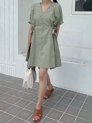 Original Solid V-Neck Puff Sleeve Dress