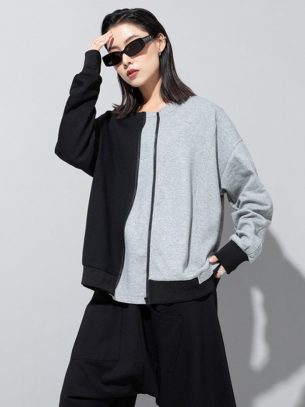 Casual Roomy Long Sleeves Contrast Color Split-Joint Zipper Round-Neck Sweatshirt Tops