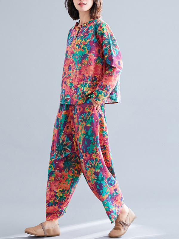 Loose Retro Floral Printed Blouses and Pants Suits