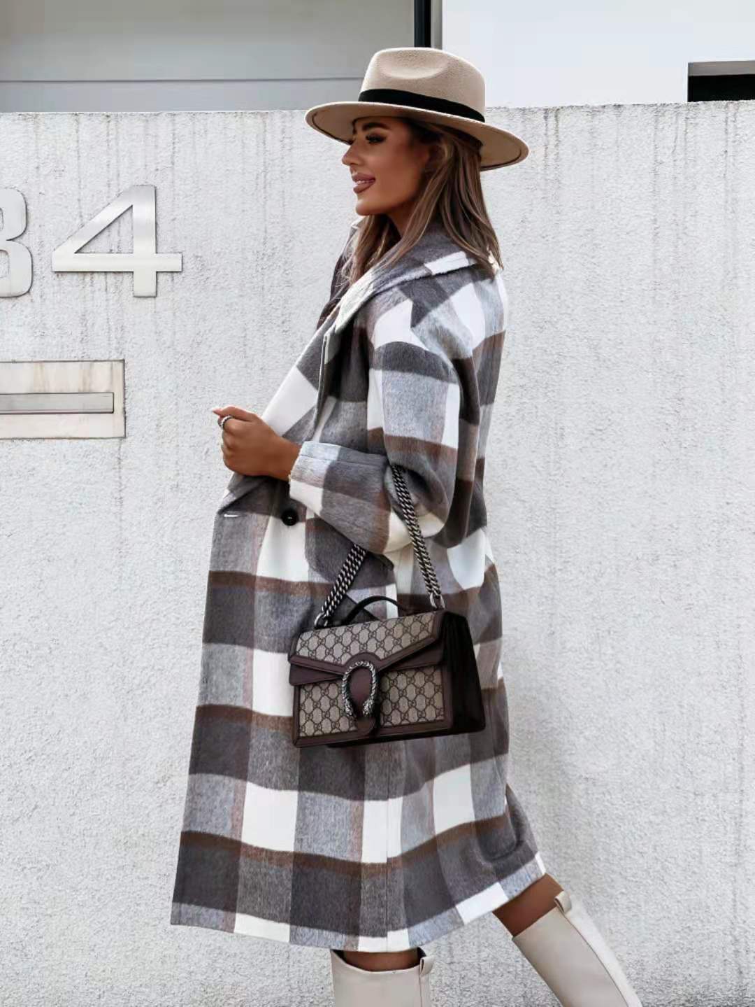 Classic Plaid Lapel Collar Midi Outerwear