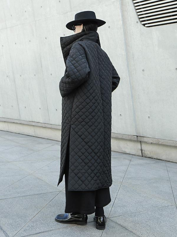 Black Rhombic Split-Side High Collar Long Coat