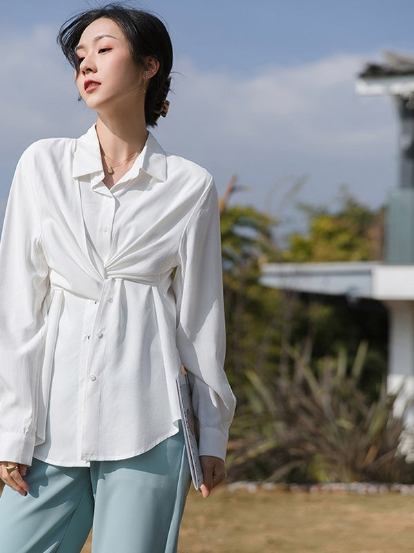 Women Simple Solid Color Lapel Long Sleeve Shirt
