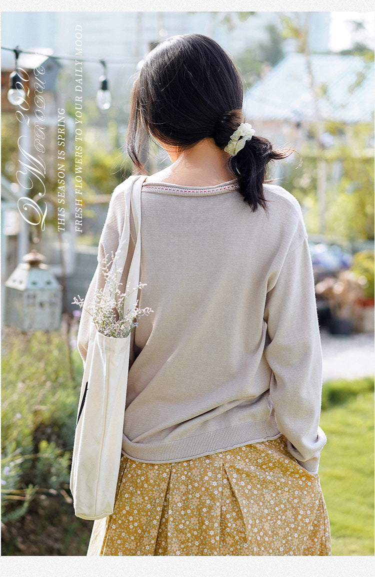 Women Solid Color Casual Loose V-Neck Sweater