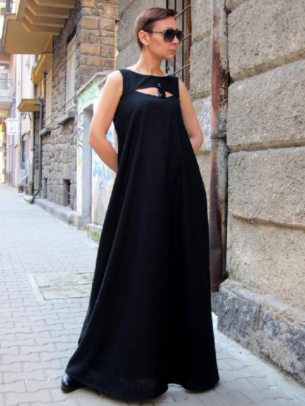 Solid Split-joint Sleeveless Maxi Dress