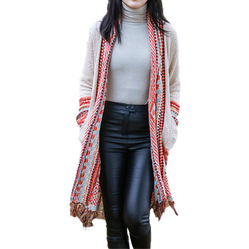 Retro Ethnic Printed Tassel Cardigan