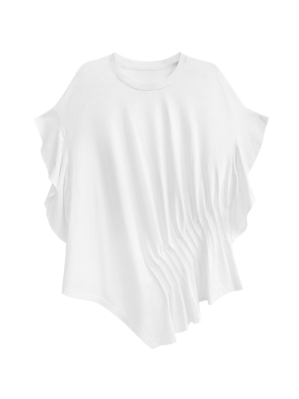 Irregular Clipping Roomy Pleated Pure Color Split-Joint Round-Neck T-Shirts