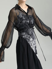 Long Sleeves Roomy Floral Lace-Up See-Through Split-Joint Lapel Blouses&Shirts Tops