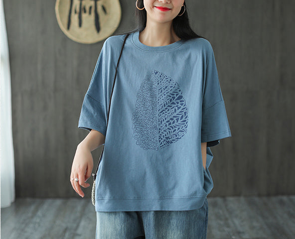 Leaf Printed Summer Half Sleeve Cotton T-Shirt