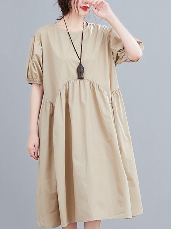 Fashion Solid Pleats Bishop Sleeve Dress