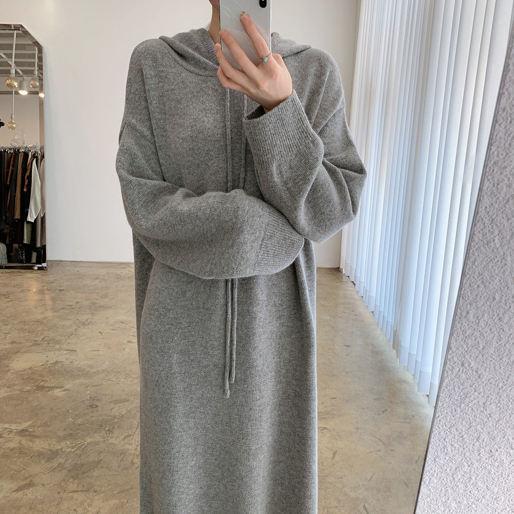 Loose Solid Knitted Split Hooded Midi Dress