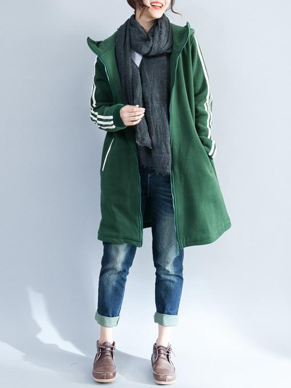 Loose Zipper Stripes Hoodie Long Coat