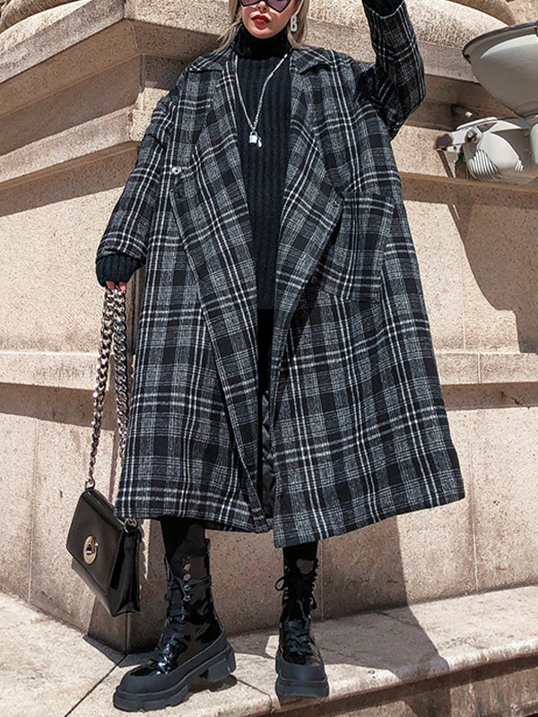 Women Lapel Plaid Casual Coat