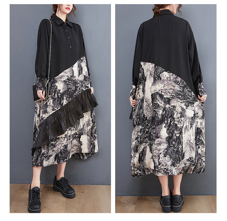 Loose Print Patchwork Shirt Midi Dress