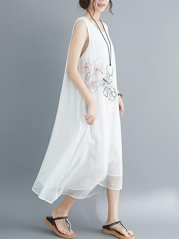 Loose Embroidered Sleeveless Dress