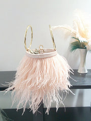 Ostrich Fur Tassel Metal Circle Handbag