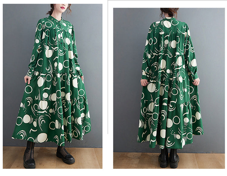Vintage Print Long Sleeve Midi Dress