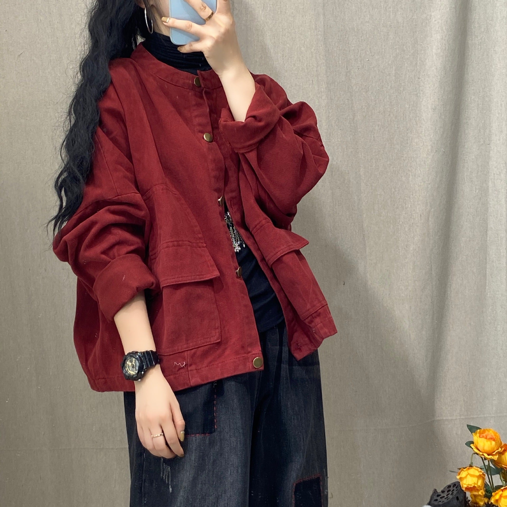 Retro Solid Color Stand-Up Collar Coat