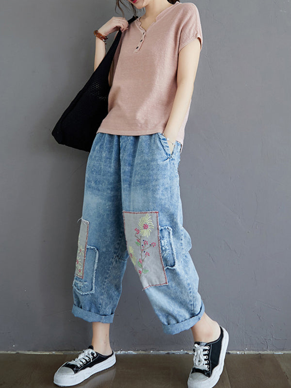 Women Solid Color V-Neck Buttoned Loose Short Sleeve T-Shirt
