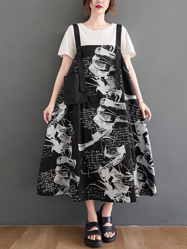 Retro Printed Suspenders Dress Casual Maxi Dress