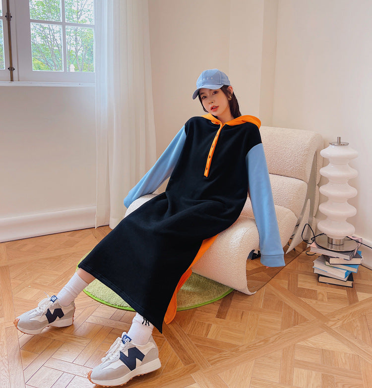 Loose Plus Size Contrast Color Hooded Midi Dress