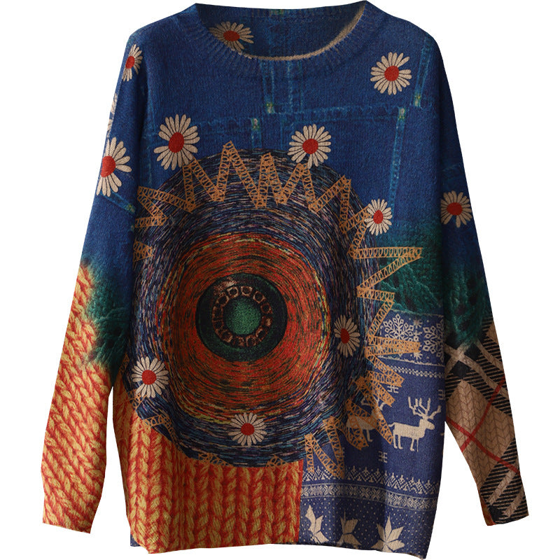 Retro Contrast Color Print Knit Round Neck Sweater