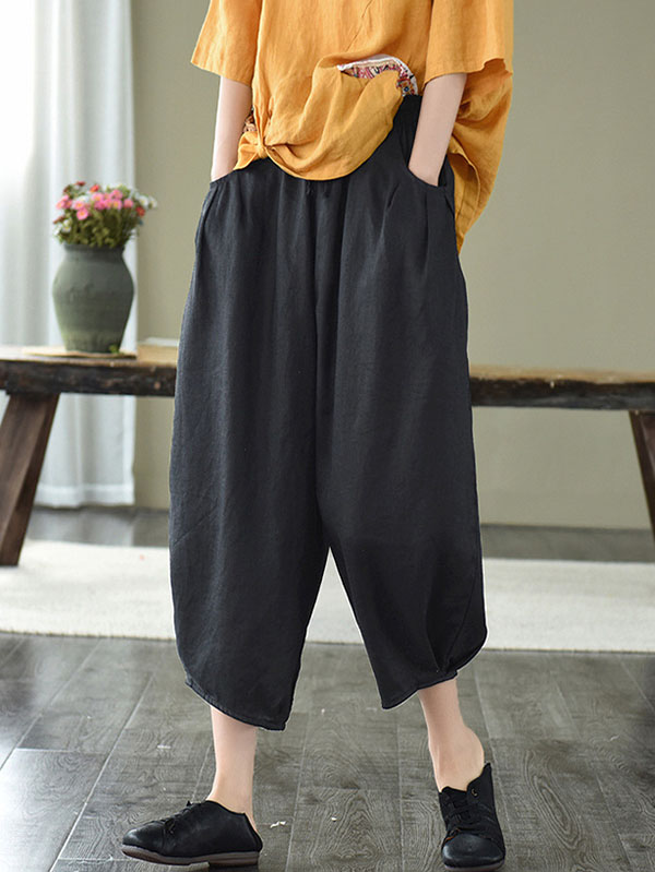 Artistic Retro Drawstring Elasticity Solid Pants