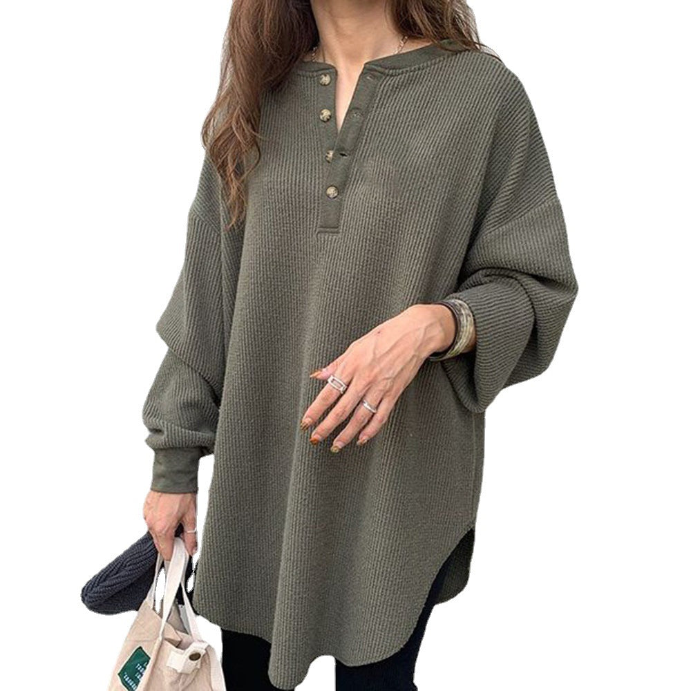 Casual Half-Open Collar Knitted Long Sleeve Top