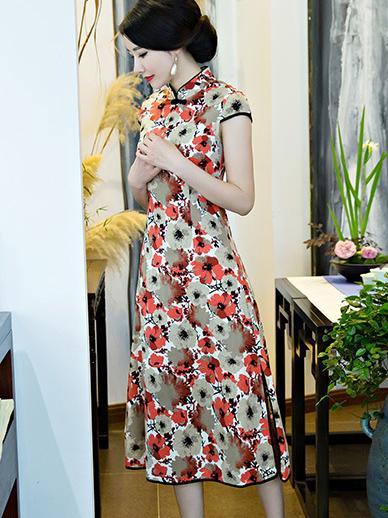 White Flower Printed  Midi Cheongsam