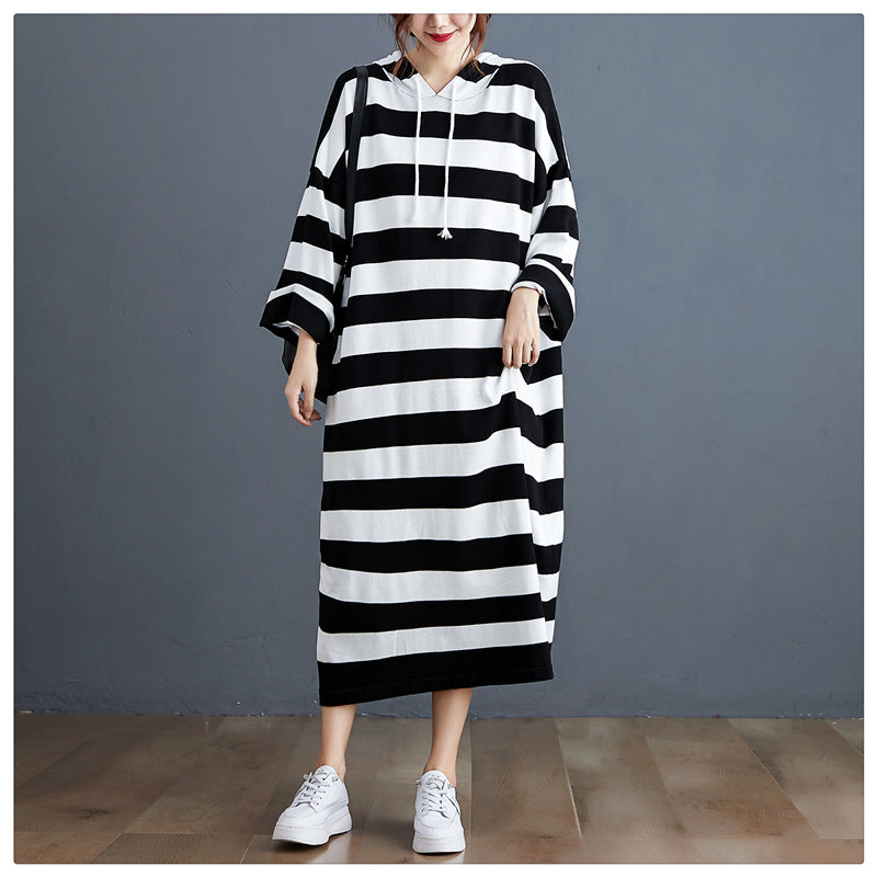 Women Striped Knitted Hooded Dress