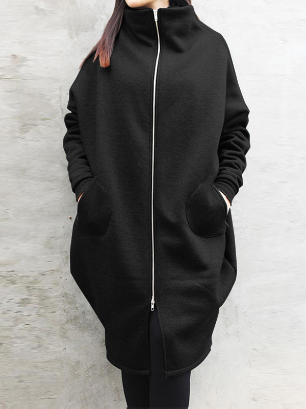 Loose Solid Color Zip-Up Hoodie Coat