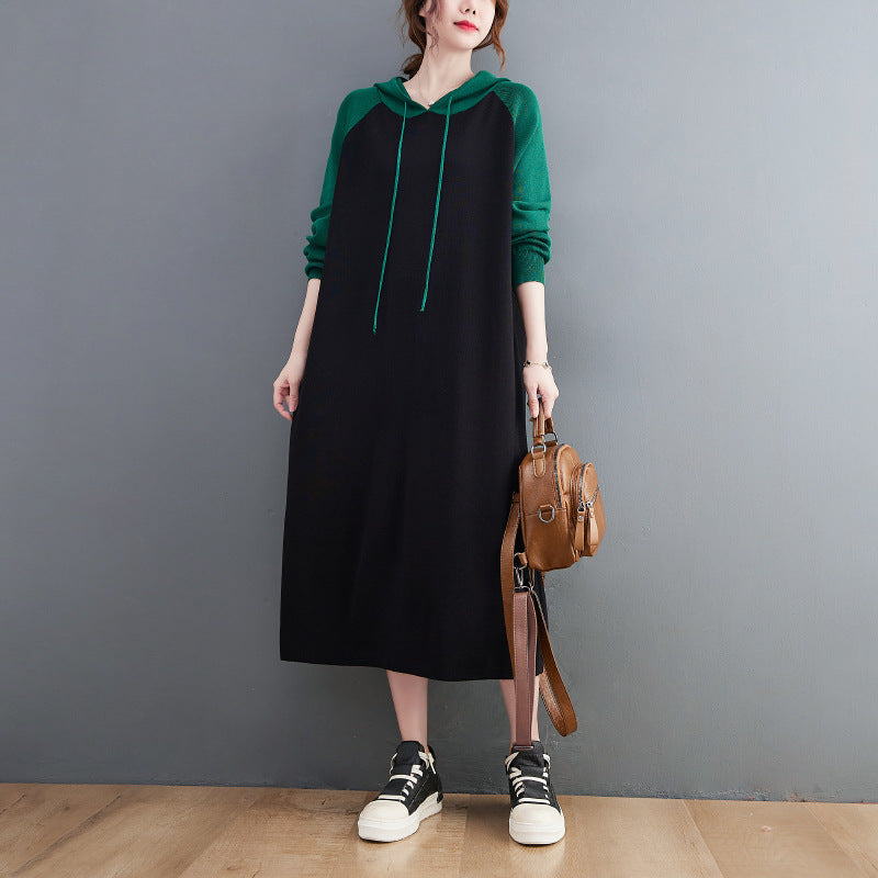 Retro Loose Color-Block Hooded Midi Dress