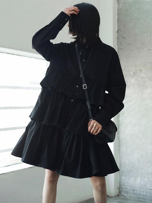 Black Split-joint Falbala Long Shirt Dress