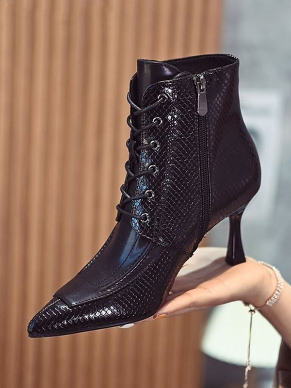 Lace-Up Pointed-Toe Snake Shape Split-Joint Boots Pumps