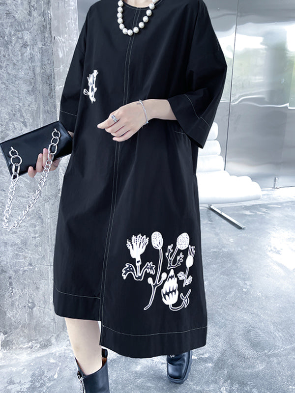 Irregular Printed Three-Quarter Sleeves Midi Dress