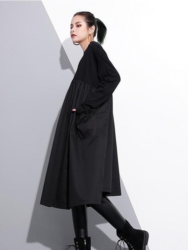 Loose Black Split-joint Long Sleeves Dress