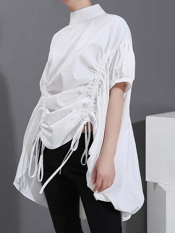 Loose Drawstring Lace-Up Short Sleeve Stand Collar Shirt