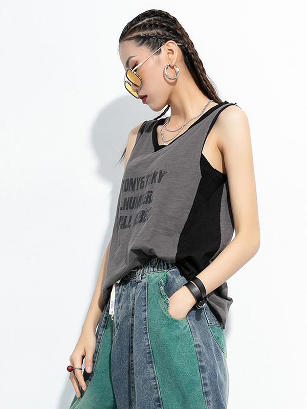 Printed Cropped Sleeveless Round Neck T-Shirt