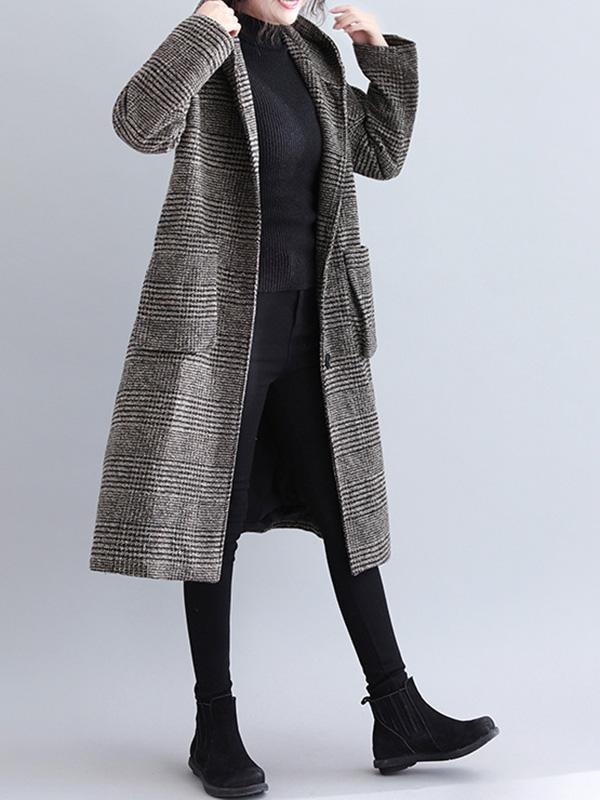 Loose Plaid Woolen Hood Coat