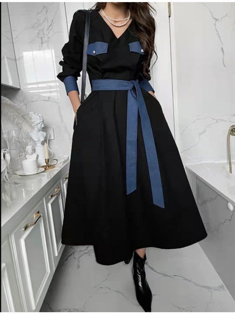 Retro Lace-Up Long-Sleeve V-Neck Midi Dress