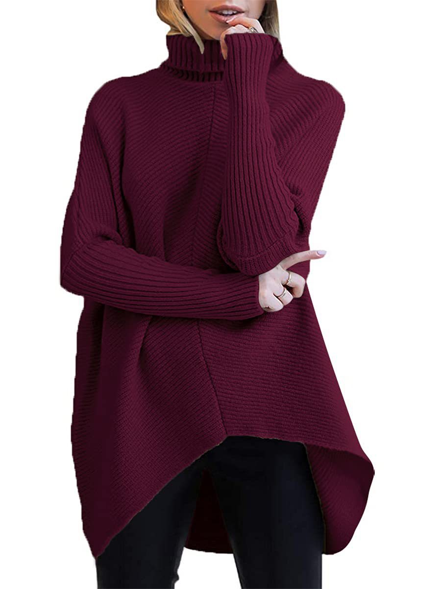 High Neck Asymmetrical Bat Sleeve Knit Sweater