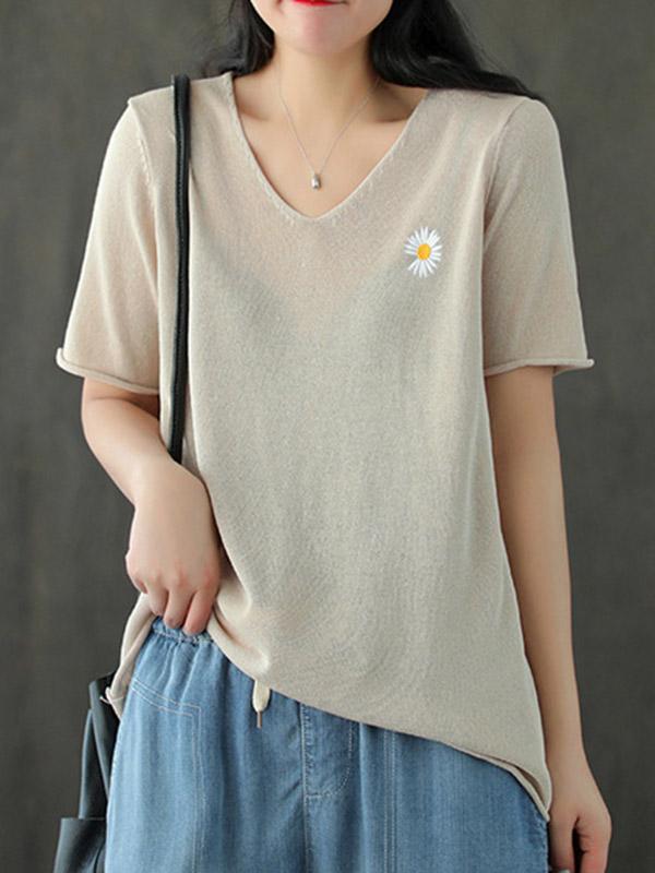 Loose Daisy Embroidered V-Neck T-Shirts