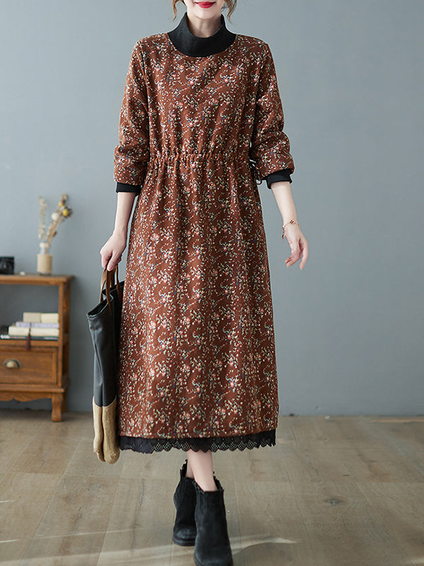 Patchwork Collar Floral Lace-Up Long Midi Dress